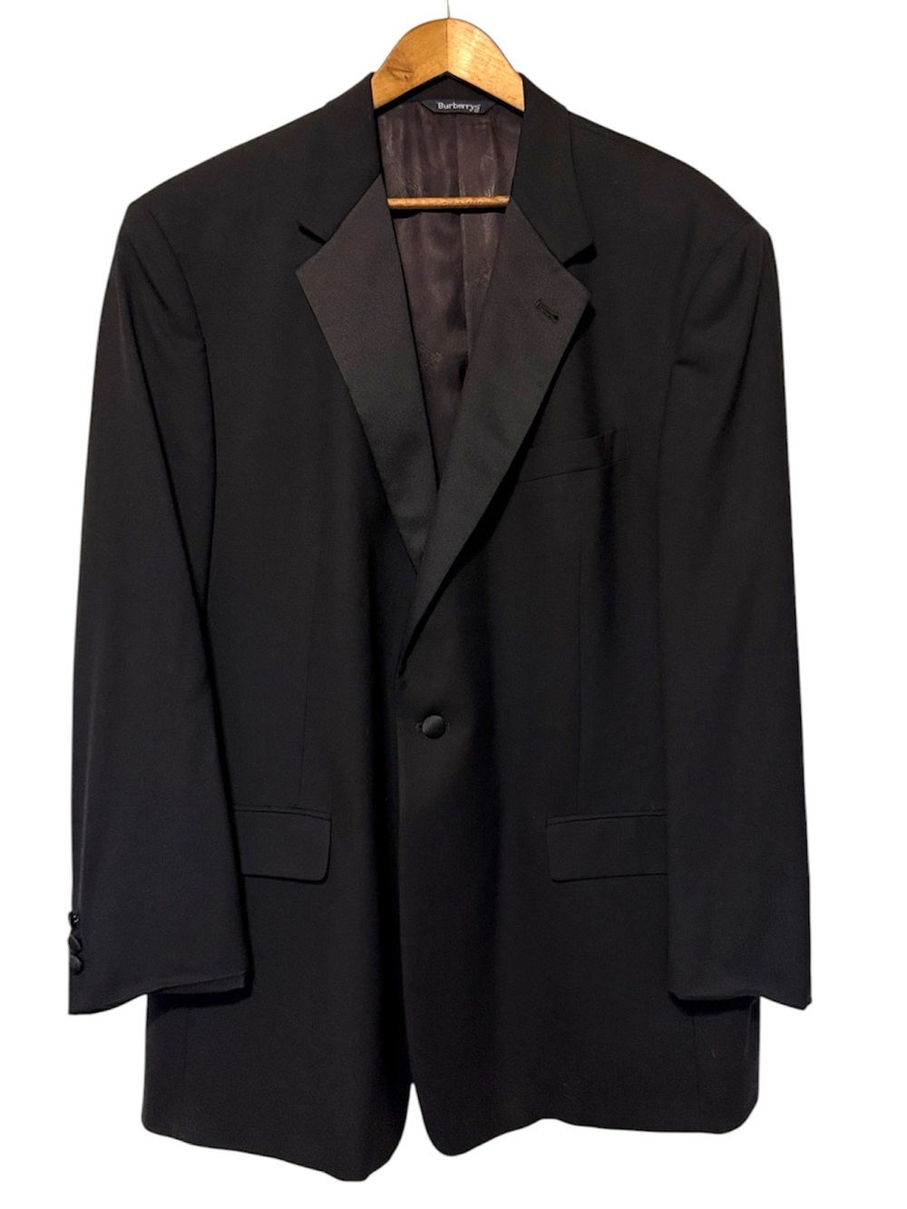 Vintage Burberry’s Tuxedo Jacket Wool Satin Notch Lapel 48L Black